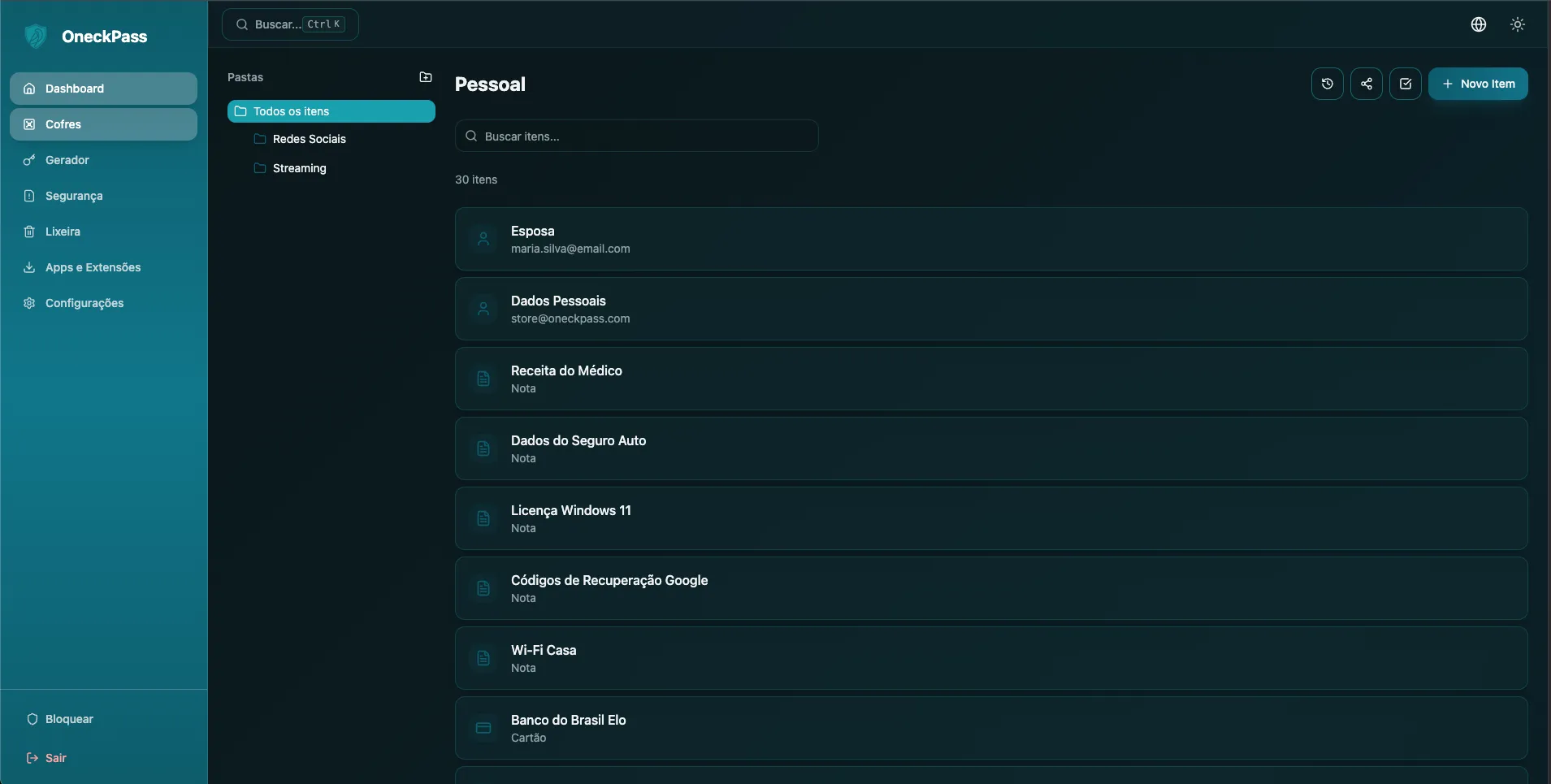 Cofre pessoal do OneckPass — lista de logins, cartões e notas seguras