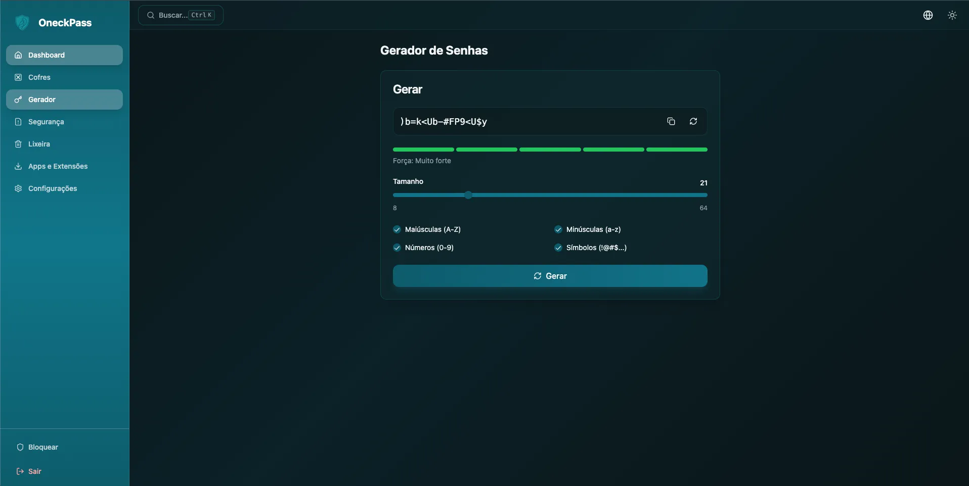 Gerador de senhas do OneckPass — senhas fortes com um clique