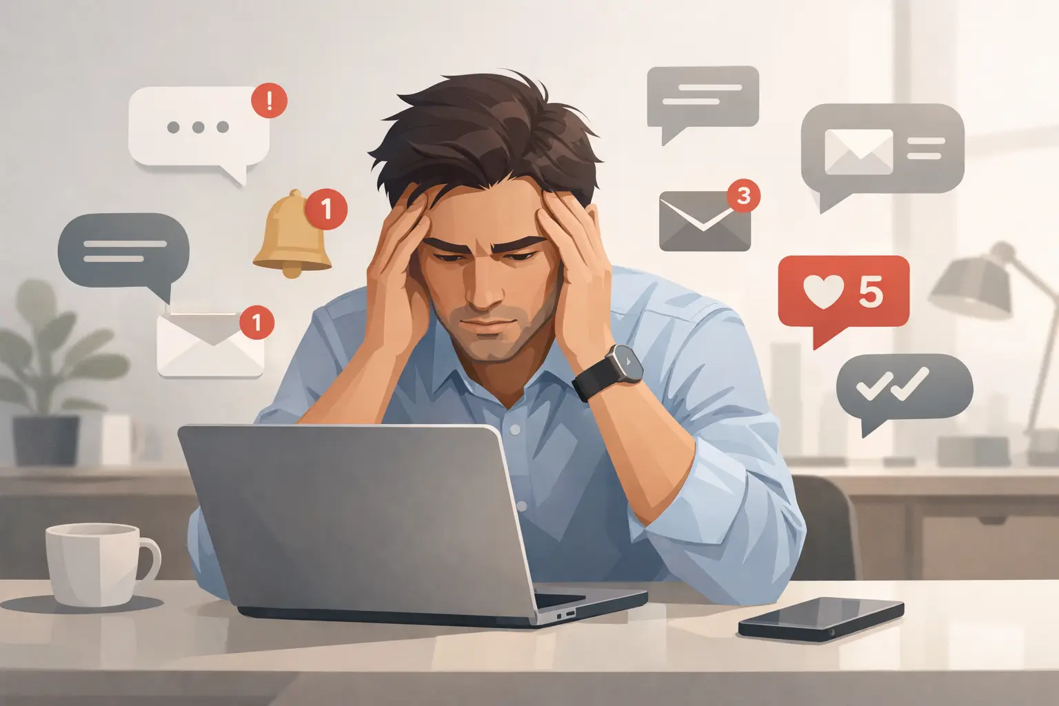 Profissional sobrecarregado com excesso de mensagens e notificações no ambiente de trabalho