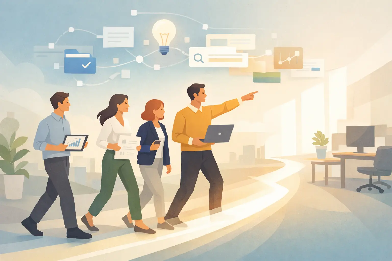 Equipe de trabalho avançando com colaboração inteligente e produtividade otimizada